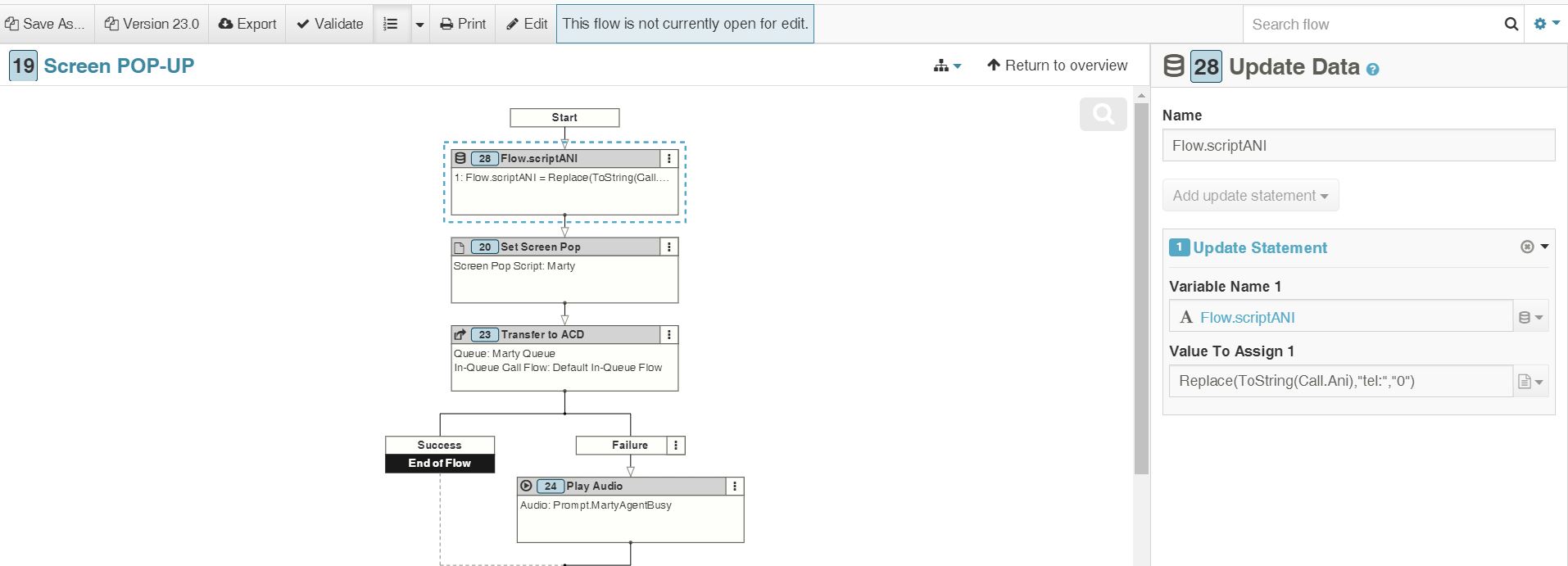 Pop Screen configuration screen shot
